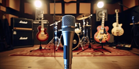 microphone on stage with lights, Professional condenser studio microphone over the musician blurred background and audio mixer, Musical instrument Concept. - obrazy, fototapety, plakaty