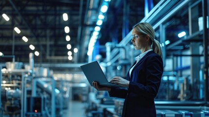 Portrait of a Young Robotics Engineer Using Laptop Computer, Analyzing Robotic Machine Concept in a High Tech Factory. Female Scientist Manipulate and Program the Robot for Work.