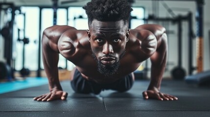 Fototapeta premium Portrait of young African American man doing push-up on the floor. Determined male fit sportsman looking at camera