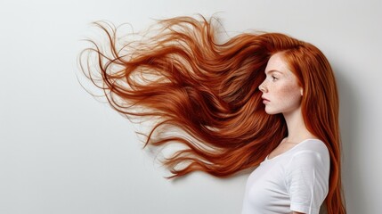 Beautiful redhead model with long , healthy , shiny and silky hair on white isolated background . Advertising of cosmetics for hair care: growth, restoration, shine and silkiness. 