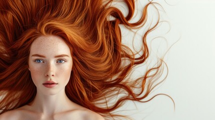 Beautiful redhead model with long , healthy , shiny and silky hair on white isolated background . Scalp and hair care concept, anti-loss and anti-brittle products 
