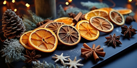 Traditional Christmas spices and dried orange slices on holiday bokeh background with defocus lights. Cinnamon sticks, star anise, pine cones and cloves. Christmas Spices Decoration