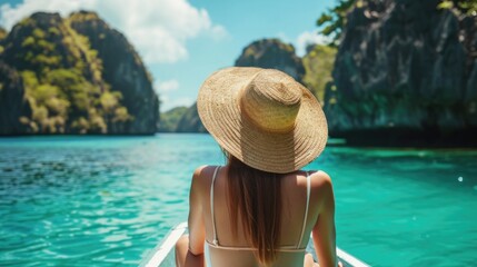 Beautiful young woman in swimsuit and straw hat sunbathing and vacationing in the islands . Girl enjoys vacation and travels in a sea resort . 