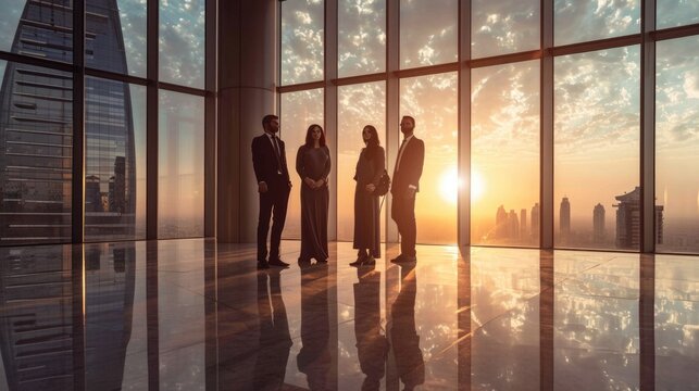 A Group Of Arab Business People Stand In A Huge Office With Panoramic Windows Overlooking The Arab Emirates . An Oriental Company Is Setting Up A Partnership 