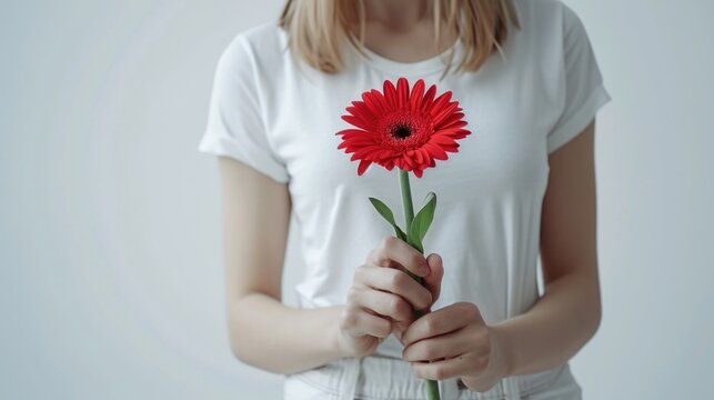 Woman on white t-shirt holding a red gerbera . Gynecology, menstruation, the concept of woman genital health.