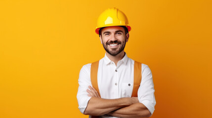 Handsome young man with protective helmet on his head and arms crossed, isolated on white background with copyspase