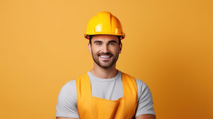 Handsome young man with protective helmet on his head and arms crossed, isolated on white background with copyspase