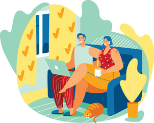 Woman in red heart-patterned top works on laptop, man in blue shirt holds phone on couch next to her. Cat sleeps by potted plant, cozy living room scene with comfortable furniture.