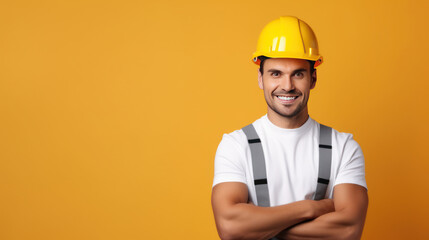 Handsome young man with protective helmet on his head and arms crossed, isolated on white background with copyspase - obrazy, fototapety, plakaty