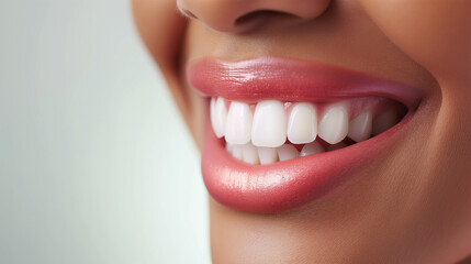 Obraz premium Close Up of Smiling Woman Mouth with Healthy, Beautiful, White Teeth. Dental Clinic Concept.