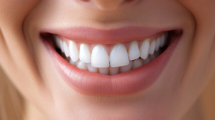 Close Up of Smiling Woman Mouth with Healthy, Beautiful, White Teeth. Dental Clinic Concept. Oral Care Awareness.