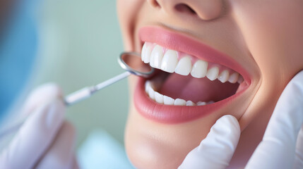 Close Up of Smiling Woman Mouth with Healthy, Beautiful, White Teeth. Dental Clinic Concept. Oral Care Awareness.