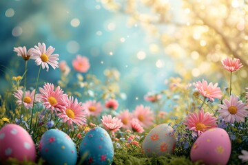 Fototapeta na wymiar Spring Spectacle. Vibrant Easter scene offering a captivating backdrop for advertising