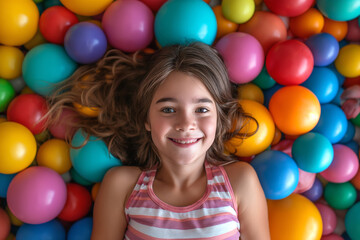 Fototapeta na wymiar A happy girl lies among multi-colored plastic balls in a playroom