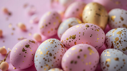 Obraz premium Easter festival social media background design with copy-space for text. Pastel pink and white easter eggs with golden pattern on pink blurred background.