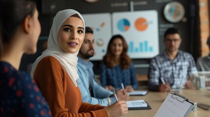 Big data analysis and fintech e-commerce concept with middle eastern descent woman as executive director presenting growth statistics to diverse conference meeting members in the office with graphs