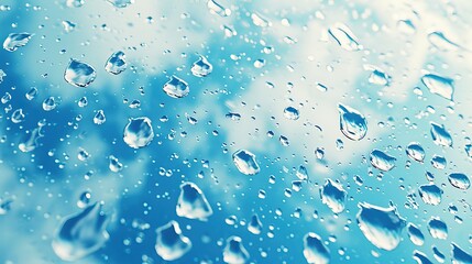 Clear raindrops cling to a glass surface, set against a soft sky blue backdrop, creating a refreshing and clean visual texture.