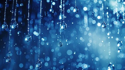 Delicate raindrops fall, sparkling like diamonds against a mystical blue background with a dreamlike bokeh effect.