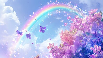 Fototapeta na wymiar A dreamy fantasy scene of a rainbow arching over lush purple flowers and delicate butterflies, under a bright, cloud-dotted sky.