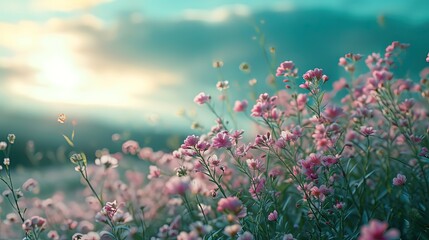 Delicate pink wildflowers thriving in a serene field, illuminated by the warm glow of a setting sun.