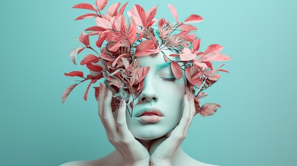 A surreal portrait featuring a person with a headpiece made of pink leaves, embodying a creative blend of human and nature elements against a cool teal backdrop.