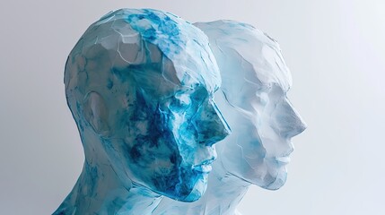 A striking visual art piece featuring two human profiles sculpted in a translucent blue ice texture, representing a cold and abstract human interaction.