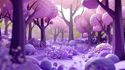 A serene purple forest depicted in a charming paper art style, with layered trees and a soft, dreamlike atmosphere.