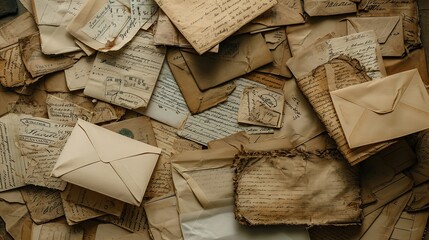 A textured collage of antique handwritten letters, envelopes, and various historical documents strewn across a surface. - obrazy, fototapety, plakaty