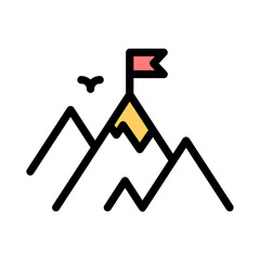 Flag at the top of the mountain, symbolizing the pinnacle of success. Growth icon. Goal icon