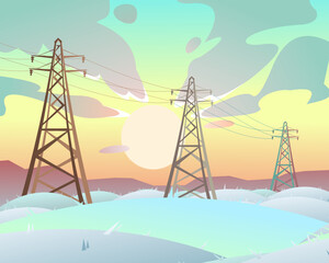 High voltage power line. Energy supply. Metal frame poles support wires. Winter snow landscape with snowdrifts and hills. Frost sunset. Cartoon fun style. Flat design. Vector