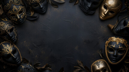 Flat lay frame made of black and golden carnival masks on a black background. Venetian masquerade sale card