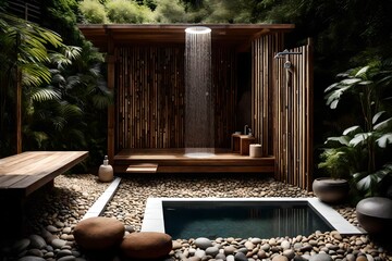 A rustic outdoor shower with wooden privacy screens, a rainfall showerhead, and river rocks lining the floor, offering a refreshing and nature-inspired bathing experience. - obrazy, fototapety, plakaty