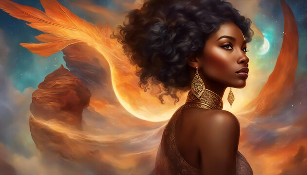 African woman. Fantasy African queen. A fictional beautiful dramatic scene. Gold jewelry. Selective focus. AI generated