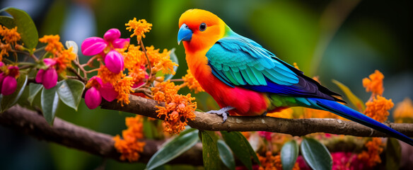 Colorful lovebird perched among vibrant tropical flowers
