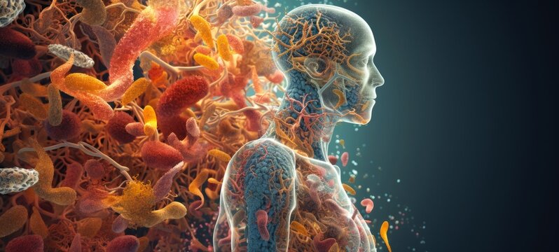 Abstract human microbiome background banner - Close up of man and microbes viruses, bacteria and mushrooms, genetic material texture, intestinal flora, microflora