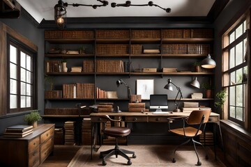 A rustic home office with a reclaimed wood desk, vintage typewriter, and shelves lined with leather-bound books, offering a serene and inspiring workspace.
