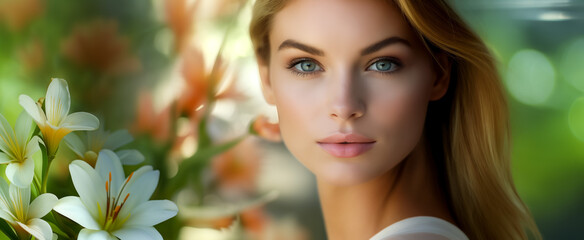 Fototapeta premium Portrait of a young woman with lilies and soft bokeh