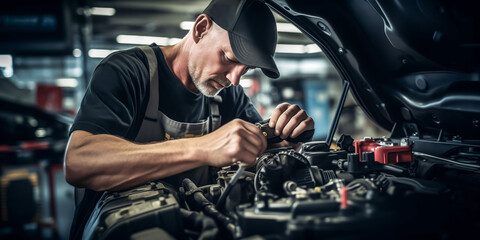 Fototapeta na wymiar Skilled mechanic repairing car engine in automotive workshop