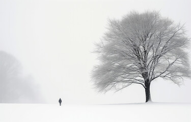 Solitary figure standing by a lone tree in a snowy landscape