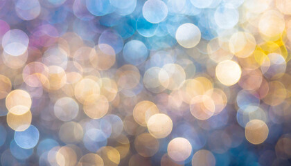 Obraz premium Abstract blur bokeh banner background. Rainbow colors, pastel purple, blue, gold yellow, white silver, pale pink bokeh background