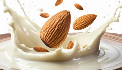 Fotobehang Almond nut falling into almond milk splash, 3d illustration. © Melvin