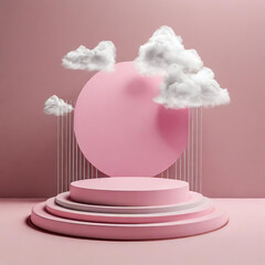 Background vector 3d pink rendering with podium and minimal cloud white scene, minimal cloud abstract background 3d rendering geometric shape pink pastel podium. Stage and cloud 3d