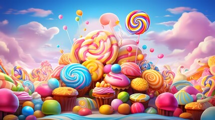 Various tasty sweets, colourful lollipops and candies background - obrazy, fototapety, plakaty