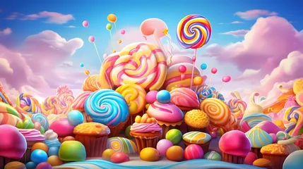 Zelfklevend Fotobehang Various tasty sweets, colourful lollipops and candies background © Ziyan