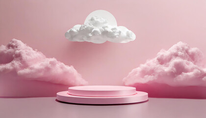 Background vector 3d pink rendering with podium and minimal cloud white scene, minimal cloud abstract background 3d rendering geometric shape pink pastel podium. Stage and cloud 3d