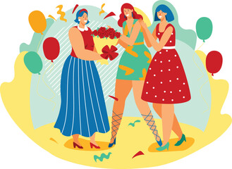 Three women celebrating, one receiving gifts and flowers at a festive party with balloons. Joyful friends partying with confetti, celebration of birthday or special occasion.