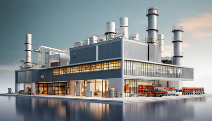 Obraz premium Building of facility design. Factory or manufacturing facility or plant, energy and resource delivery and collection see through model