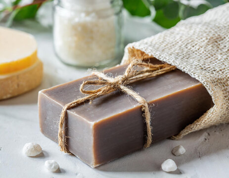 Brown handmade soap bar on soap saver bag near hygiene Items close up on white table4 - Copy.jpg