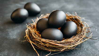 Naklejka na ściany i meble Chic Noir. Stylish Black Eggs Featuring Golden Designs in a Nest on a Dark Background
