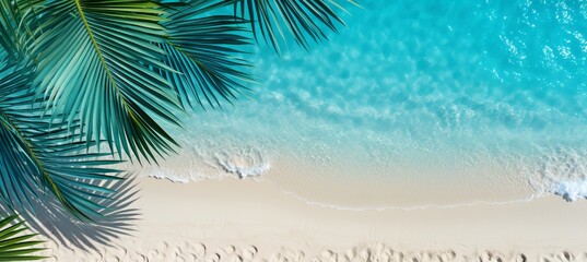 Fototapeta na wymiar Tropical palm leaf shadow on water surface and beach sand, top view, summer vacation background